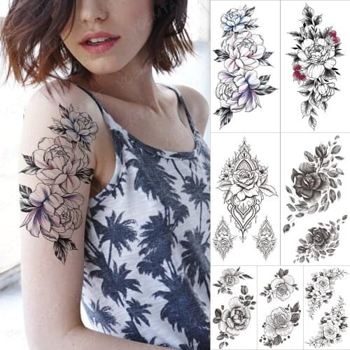 Waterproof Temporary Sleeve Tatooo Stickers Color Peony Rose Flower Butterfly Line Painted Tattoo Body Art Man Women Fake Tatoo
