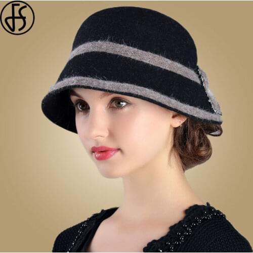 FS Wide Brim Hats For Women Black Wool Bow Bowler Fedora Hat Chapeau Femme Feutre Winter Cloche Ladies Church Felt Fedoras Caps