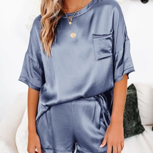 Womens Pajamas Solid Glossy Satin Pocket Short Sleeve Tops Shorts Homewear Asymmetrical Loungewear Suit Female Home Clothes