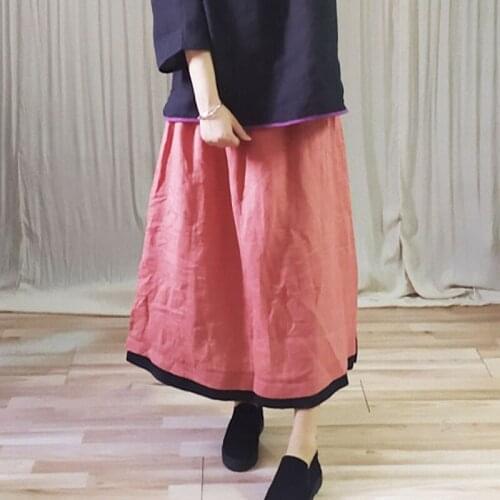 QPFJQD Ladies Ramie Elastic Waist Patchwork Skirts Retro Spliced Women Vintage Skirt 2021 Summer Autumn