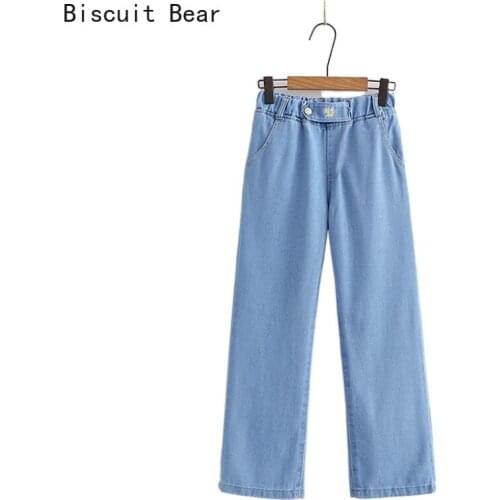 Solid High Waist Jeans Women 2021 Spring New Floral Embroidery Denim Wide Leg Pants Blue Washed Female Pockets Trousers