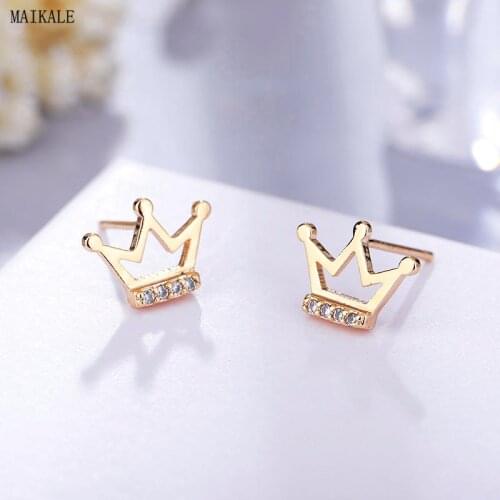 MAIKALE Korean Zircon Crown Stud Earrings with Pearl Cubic Zirconia Copper Gold Small Earings for Women New Fashion Gift