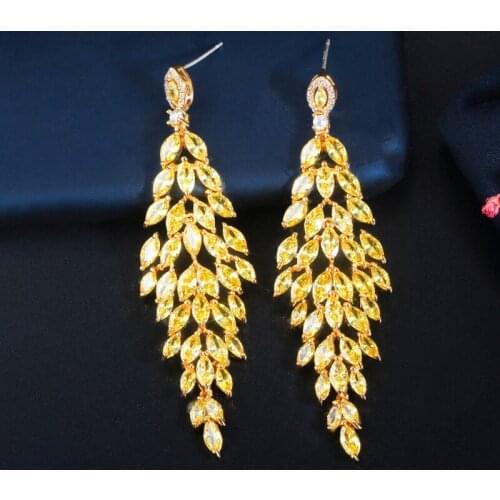 ThreeGraces New Fashion Yellow CZ Crystal Leaf Shape Long Dangle Wedding Earrings for Women Gold Color Party Jewelry Gift ER465