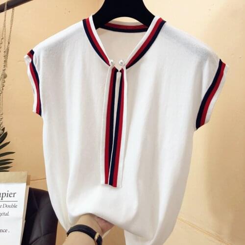 Ribbon patchwork Ice silk knitted sweater women korean o-neck beading pullover modis short sleeve white summer tops 2020 new
