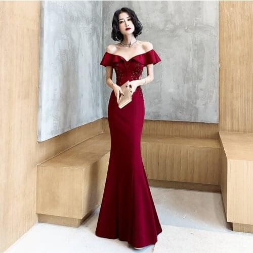 New sexy wine reffle shoulder mermaid long lady women prom dress party dress performance singing dress free shipping