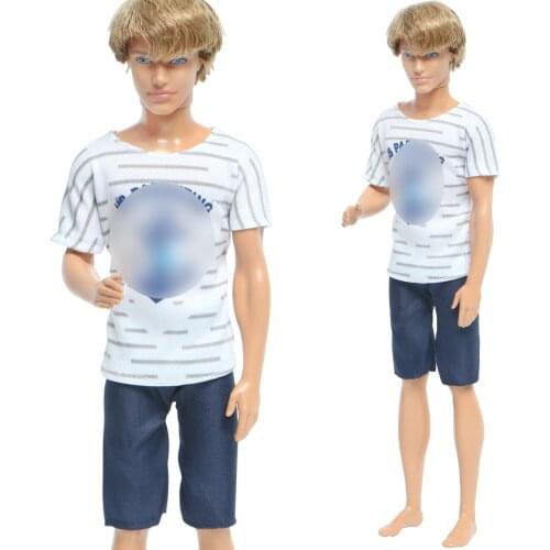 1 Set Summer Casual Wear Men Outfits Boat Anchor Pattern T-shirt Tops Deep Blue Pants Clothes Accessories for Barbie Doll Ken
