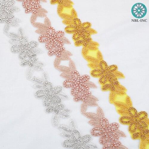 10 yards )Bridal beaded flower Rhinestone Applique Trim iron on for wedding dress rhinestone applique belt WDD0946