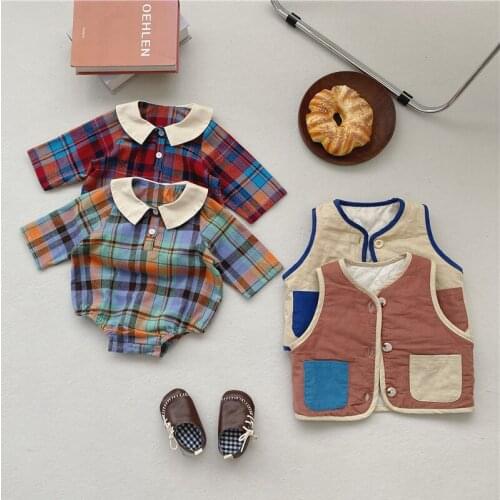 2021 Autumn New Baby Girl Outfits One Piece Plaid Bodysuit Cotton Clothes Newborn Jumpsuits Infant Vest Coat Boys Waistcoat 0-2Y