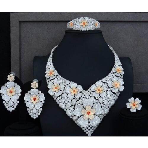 KellyBola Flowers 4 PCS Performance Stage Occasion Luxury Necklace Bracelet Earring Ring Sets Full Cubic Zirconia Jewelry NEW
