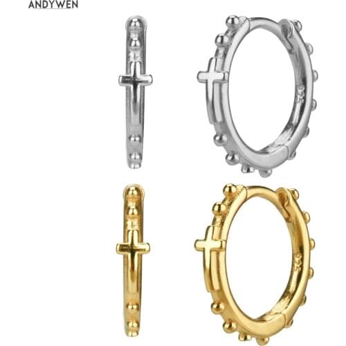 ANDYWEN 925 Sterling Silver Round Earring Beads Cross Unique Circle Huggies 9.5mm Luxury Hoops Plain Loops Rock Punk Jewelry