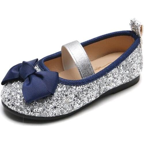 Spring and Autumn Girls Shallow Mouth Sequined Single Shoes Girl Bow Breathable Princess Shoes Children Soft Bottom Peas Shoes