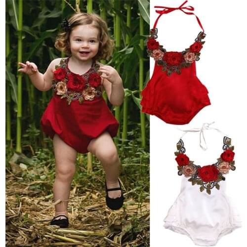0-3T Newborn Clothes Adorable Baby One Piece Romopers White Red Floral Jumpsuits Halter Neck Baby Girls Clothes Infant Rompers