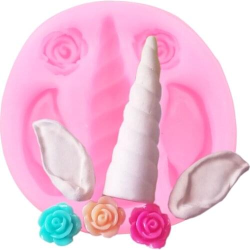 Unicorn Ear Horn Rose Silicone Mold Baby Birthday Cupcake Topper Fondant Molds Cake Decorating Tools Candy Clay Chocolate Moulds