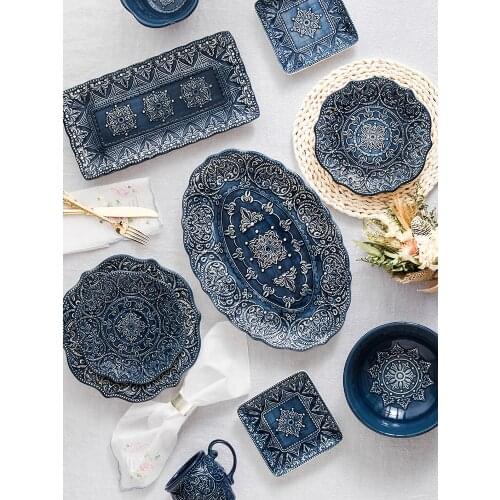 Baroque Ceramic Tableware Emboss Pattern Deep Plate Four People Use Dessert Steak Dishes Set Kitchen Rice Noodle Bowl
