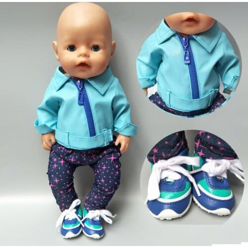Doll Fashiion Clothes for 43cm Born Baby Doll Wear Blue PU Leather Doll Jacket for 17" 40cm 38cm Baby Doll Coat Winter Clothes