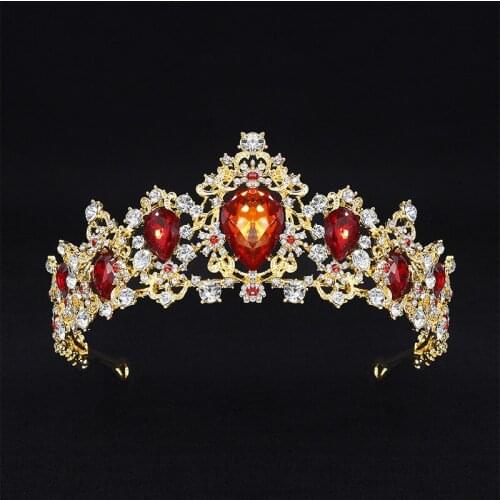 Forest Leaf Red Crystal Tiara Brides Crown Gold Head Pieces Bridal Jewelry Green Crowns Queen Diadem Wedding Hair Accessories