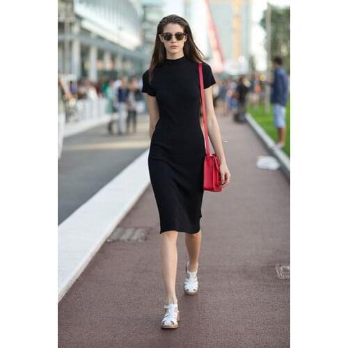 Summer Vacation Casual Womens Wear Black Collar Short-Sleeved Medium Length Dress