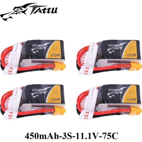 4pcs TATTU Lipo Battery 11.1v 450mAh Lipo 3s 75C RC Battery with XT30 Plug Batteries 150 Size FPV Drone Quadcopter Helicopter
