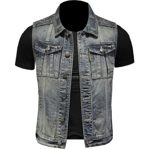 2021 Retro Jean Jacket Mens Denim Vest Coats Lapel Collar Sleeveless Slim Moto Bomber Style Street Waistcoat Coat Cowboy Brand
