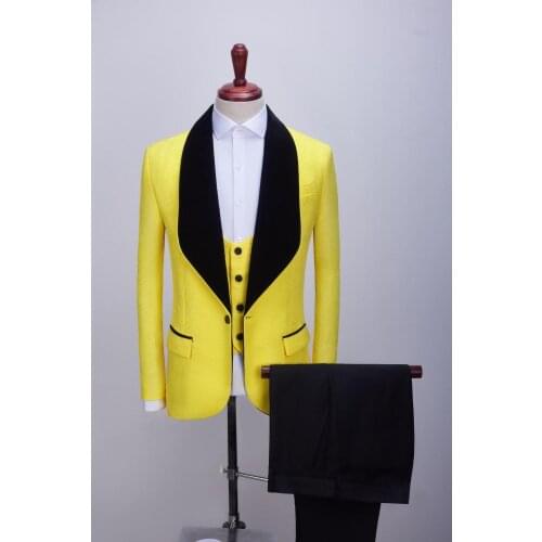 2020 New Men Suits 3 Pieces Set Yellow Jacquard Suits Wedding Groom Suits Formal Prom Dress Tuxedo Costume Homme Suit For Men