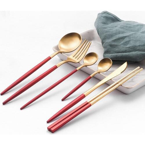 2020 Newest Red Gold Dinnerware Western Cutlery Spoon Fork Knife Chopsticks Tableware Set for Food Photography Background Props