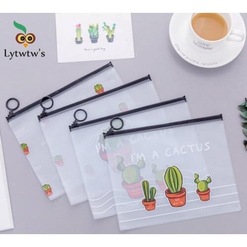 2 Pieces Lytwtws New Korea School Stationery Lovely Cute Kawaii Creative PVC Envelope To Receive Bag Cactus Translucent Folder