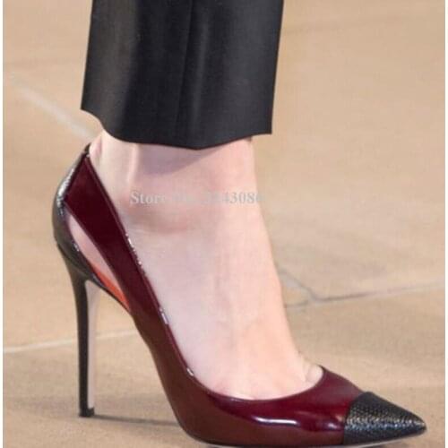 New Snakeskin Leather Stiletto Heel Pumps Shoes Women Sexy Pointed Toe Cut-out Wine Red Single Shoes Lady Popular Banquet Shoes