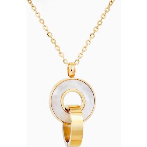 Gold Color Stainless steel Double Round Shell Pendant Necklace for Valentines Day Gift of Love