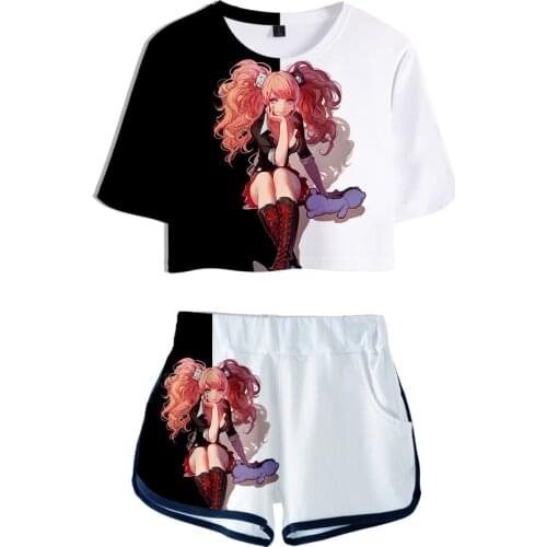 Popular Girls two-piece Suits 3D monokuma Exposed Navel T shirt+shorts two-piece Sets Hot Summer Pretty womens/girls Clothing