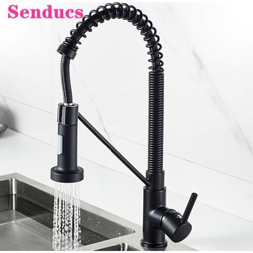 Senducs Spring Kitchen Mixer Tap Matte Black Kitchen Sink Mixer Faucets Hot Cold Water Tap Quality Brass Pull Out Kitchen Faucet