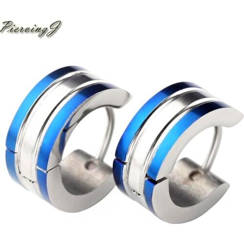 PiercingJ New Mens Stainless Steel Engraved Cross Classic Stud 6mm Huggie Hoop Hinged Earrings Jewelry Blue & White 1 Pair