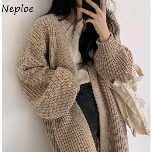 Neploe loose casual knitted autumn simple lazy style V-neck loose coarse yarn lantern sleeve long cardigan knitted sweater coat