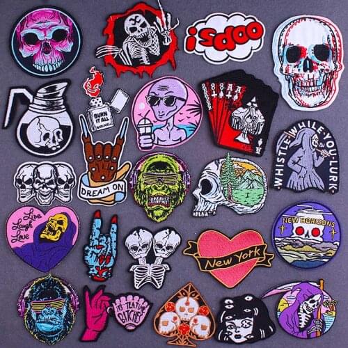 Pulaqi Dead God Punk Skull Embroidered Patches On Clothes Biker Iron On Patches For Clothing Joker Badge Stripe For Jackets