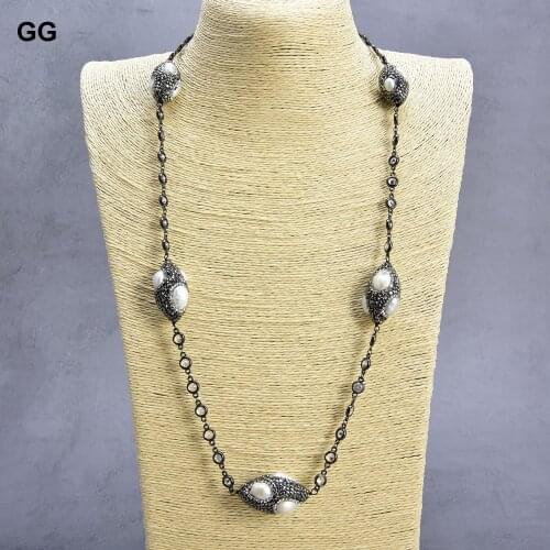 GuaiGuai Jewelry 28" Natural White Pearl Trimmed Macarsite CZ Pave Crystal Chain Necklace