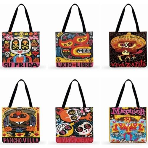 Mexican Cartoon Art Design Print Tote Bag For Women Casual Tote Ladies Shoulder Bag Foldable Shopping Bag Fashion Beach Tote Bag