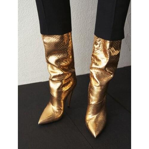 Moraima Snc Hot Selling Gold Metallic Leather High Heel Boots Sexy Pointed Toe Knee High Boots Woman Runway Fashion Shoes