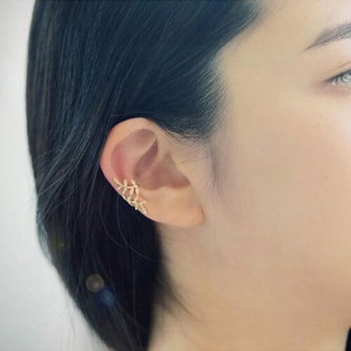 1 pcs Gold Leaf EarCuff Clip On Earrings for Women Girl Stars Rhinestone Climbing Elegant Piercing Cartilage No Hole Ear Clip