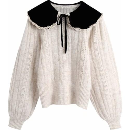 New Women Autumn Fashion Black Velvet Peter Pan Collar Patchwork Knitted White Za Pullover Tops Chic Lady Long Sleeve Sweaters