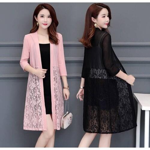 5XL Plus size Summer Lace Cardigan Women Long Net Yarn Sunscreen Jacket Casual Pink Black Red White Thin Long sleeve Women Coat