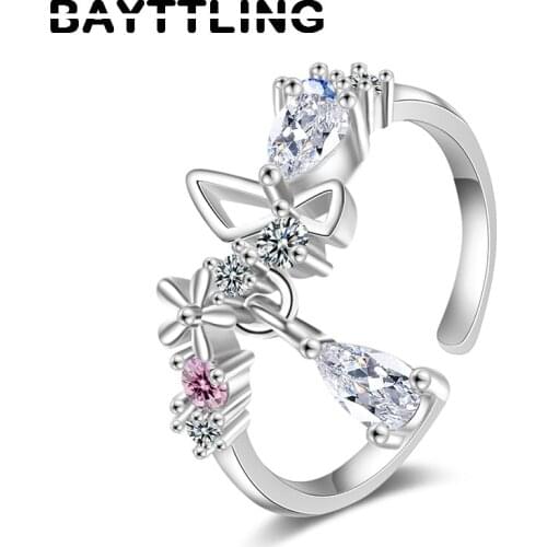 BAYTTLING 925 Sterling Silver Exquisite Butterfly, Water Drop, Zircon Open Ring For Woman Luxury Wedding Party Gift Jewelry