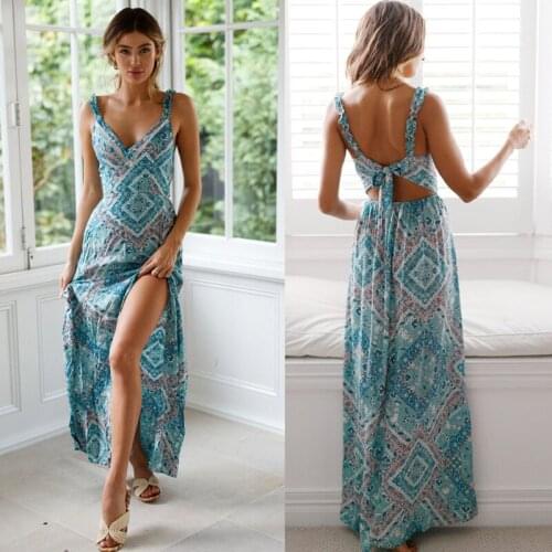 2021 Summer Sexy Deep V Neck Spaghetti Straps Bandage Backless Womens Midi Dress Fashion Tunic Print Split Ladies Long Dresses