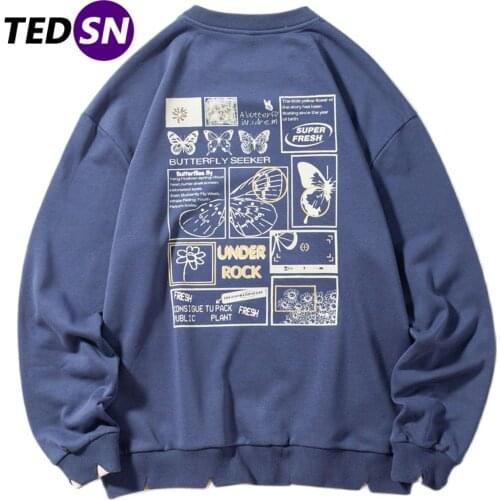 2021 Hip Hop Vintage Butterfly Illustrated Hoodie Sweatshirt Cotton Harajuku Sweatshirt Loose Fleece Spring Cotton Pullover Men