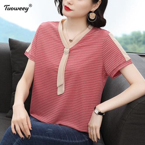 2021 Women Spring Autumn Style cotton striped Blouses Shirts Lady Casual Loose Style short Sleeve V-Neck pullover Blusas Tops