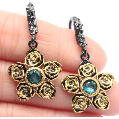 37x20mm Unique Jewelry Set Gothic Flowers Created Aquamarine Pink Kunzite Black Gold Silver Pendant Earrings Hiphop