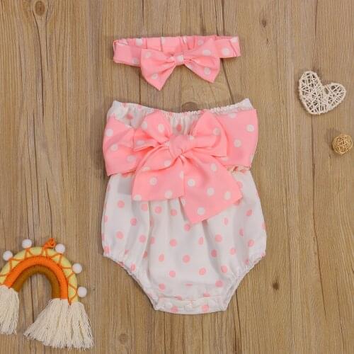 Pudcoco 2Pcs Baby Clothes Summer Outfit, Polka Dot Strapless Off-Shoulder Romper + Bow Headband for Baby Girls, 0-18 Months