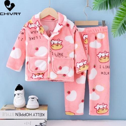 Kids Soft Flannel Pajama Sets Boys Girls Autumn Winter Thicken Warm Home Wear Children Lapel Long Sleeve Sleeping Clothing Sets