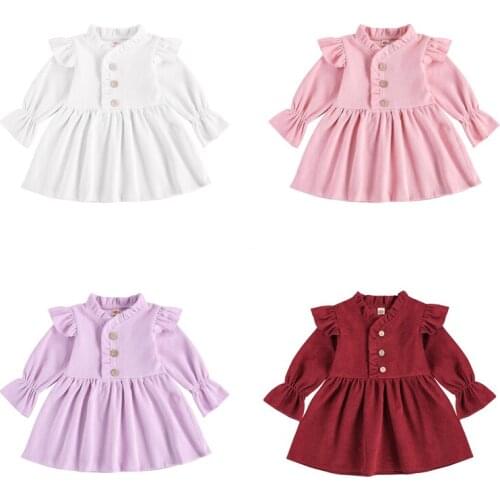Children Baby Girl Casual Long Sleeve Dress Solid Color V-neck Fly Sleeves Button Open Front One-piece Dress Outfit Baby Clothes