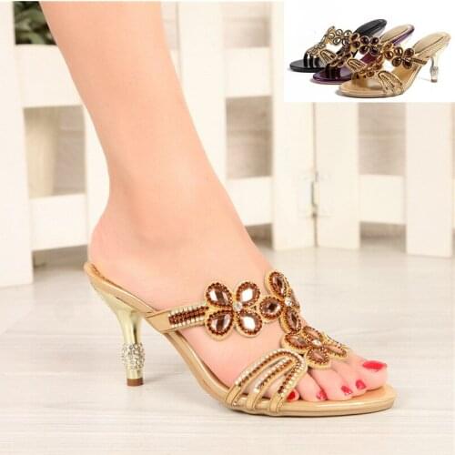 G-sparrow 2019 Women Summer Fashion Diamond High Heeled Slippers Ladies Crystal Peep Toe Shoes Golden Purple Black 8cm