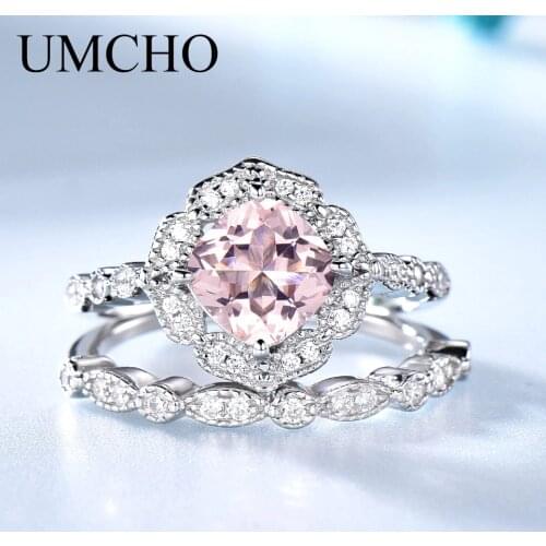 UMCHO Created Nano Morganite 925 Sterling Silver Rings Charm Flower Silver Ring Set For Women Anniversary Gift Fine Jewelry