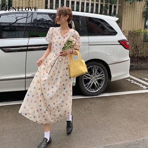 JuneLove V-neck Chiffon Elegant Dress Women Puff Sleeve Kawaii Floral One Piece Dress Short Sleeve Party Beach Dress 2021 Summer